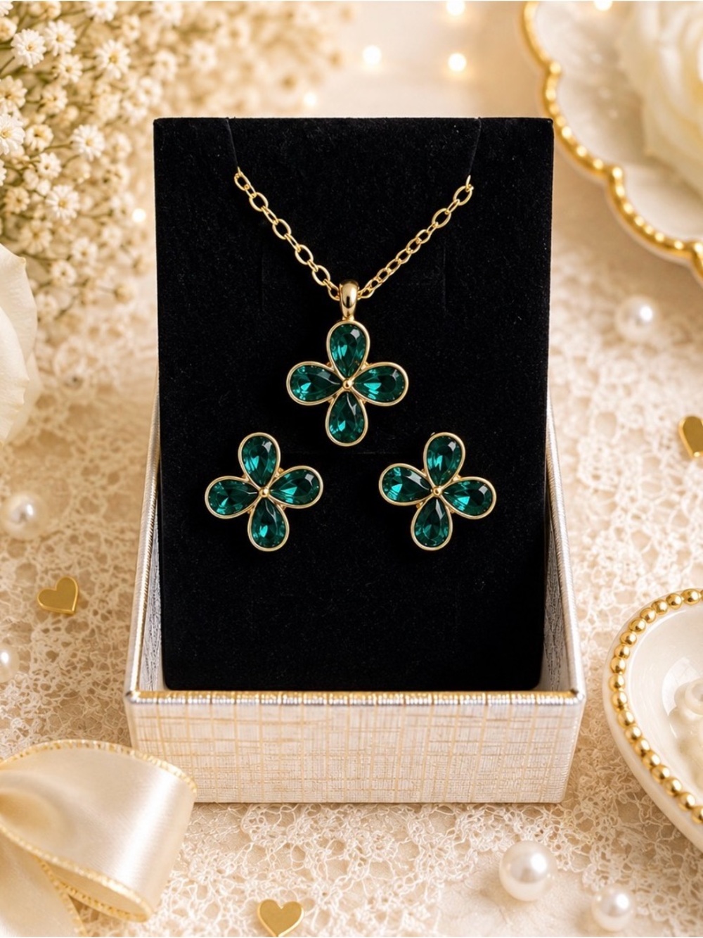 Gold-Plated Green Clover Pendant Necklace and Earring Set-NWOT